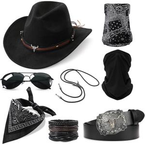 Western Cowboy Costume Outfit for Men Cowboy Hat Belt Neck Gaiter Face Cover Accessories for Halloween Party Cosplay (Black)