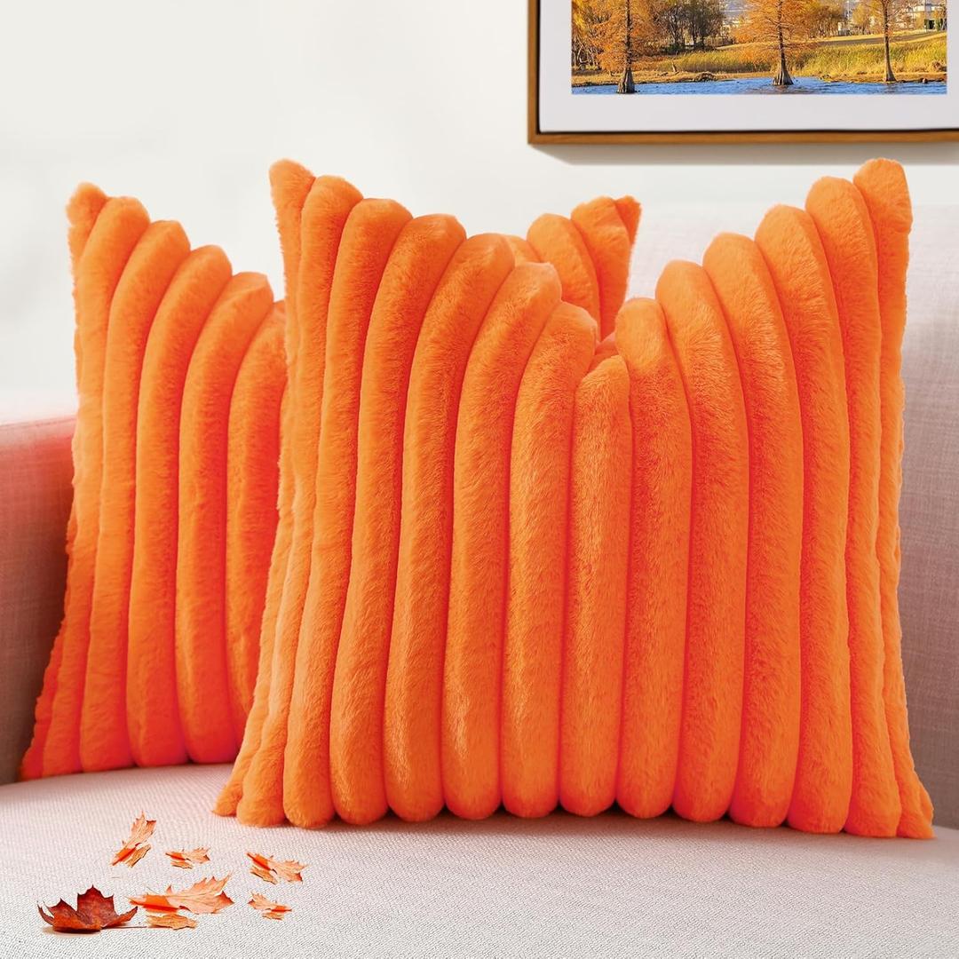 decorUhome Faux Fur Fall Throw Pillow Covers 20x20 Set of 2, Decorative Soft Plush Striped Neutral Couch Euro Pillow Covers with Velvet Back for Sofa, Bed, Living Room Home Decor, Orange
