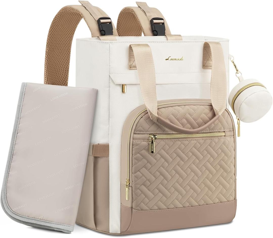 LOVEVOOK Diaper Bag Backpack, Large Capacity Portable Baby Bag with Foldable Diaper Changing Pad, Waterproof Baby Diaper Bags Gift for Mon Dad, Ivory Khaki