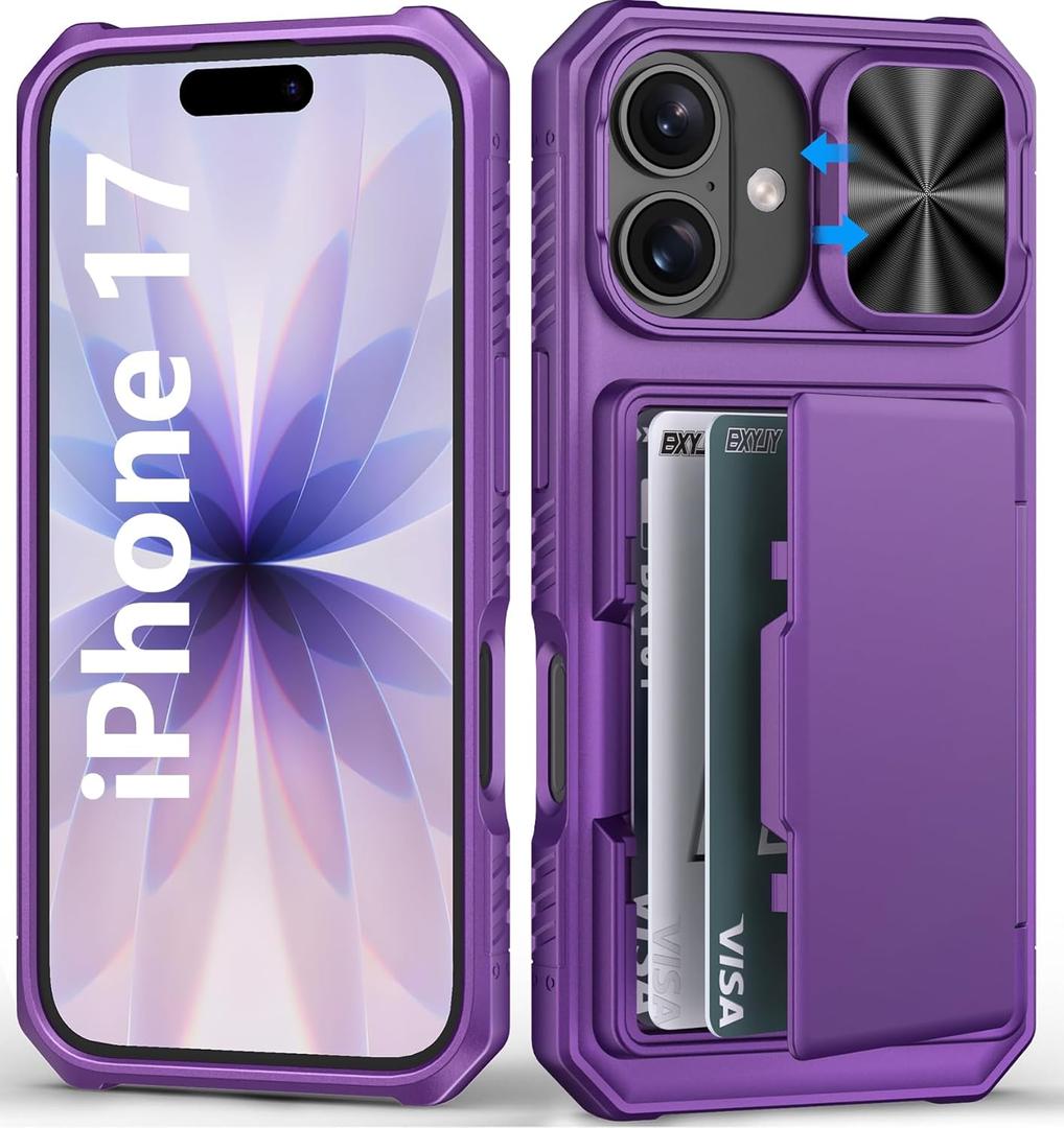 BXYJY for iPhone 17 Wallet Case with Camera Cover, Card Holder (4-5 Cards), Military Grade Protection, Heavy Duty Shockproof Women Men Protective Phone Case for iPhone 17 6.3" 2025, Dark Purple