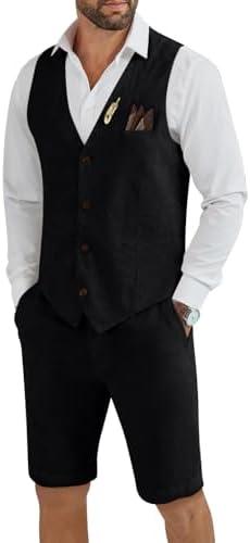 Tiefony Men's Linen 2 Piece Suit Slim Fit Wedding Groom Groomsmen Summer Vest Shorts Set, XL