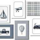 6Pcs Vintage Transportation Nursery Canvas Wall Art Navy Blue Hot Air Balloon Biplane Train Truck Sailboat Pictures Wall Decor Blue Vintage Nursery Poster Prints for Bedroom Playroom Decor 8"x10"