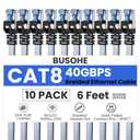 BUSOHE Cat 8 Ethernet Cable 6 FT 10 Pack, Nylon Braided High Speed Heavy Duty Network LAN Patch Cord, 40Gbps 2000Mhz SFTP Shielded RJ45 Flat Internet Cable for TV/PC/Router, in Wall, Indoor, Outdoor