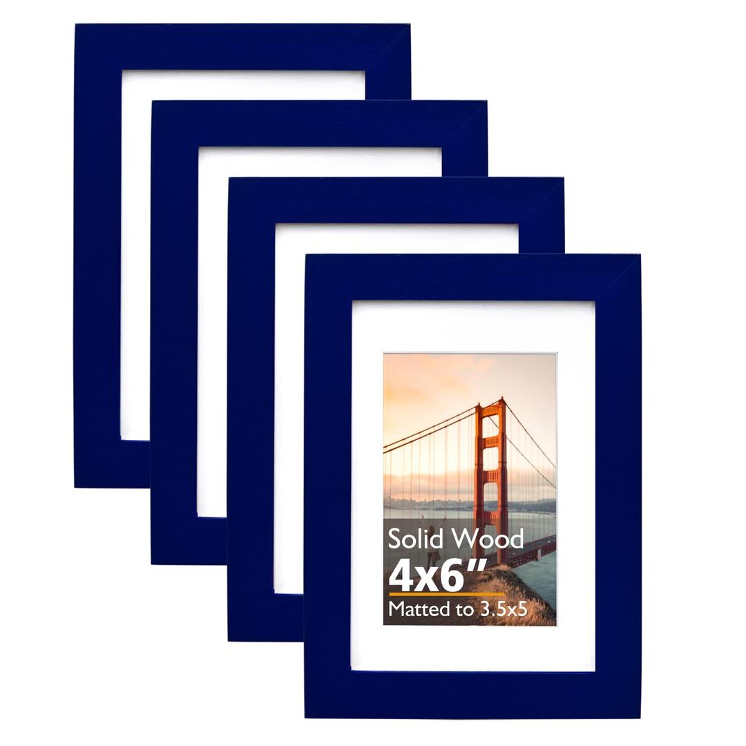 KINLINK 4x6 Frame Navy, Solid Wood 4 x 6 Picture Frame with Acrylic Plexiglass for 3.5x5 with Mat, Tabletop and Wall Display Photo Frames 4x6 Navy Blue, 4 Pack