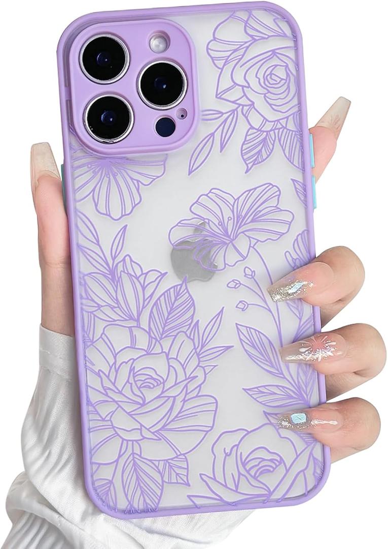NITITOP Compatible with iPhone 13 Pro Max Case Cute Aesthetic Floral Flower Vintage Rose Pattern Matte Clear Women Girl Full Camera Lens Slim Hard PC Shockproof Pritective Cover - Purple