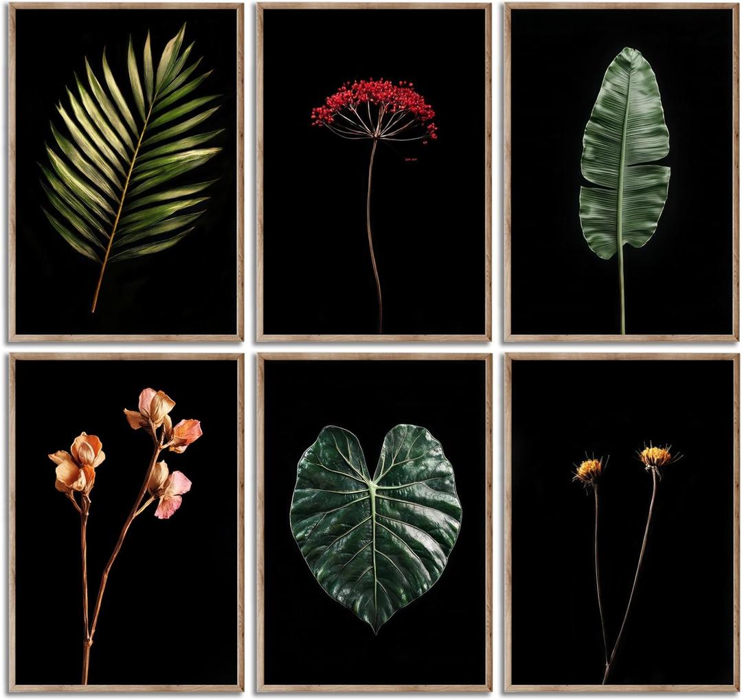Dark Moody Floral Botanical Canvas Wall Art Tropical Plants Leaves Flower Painting Picture Wall Decor Minimalist Plants Poster Print Artwork for Living Room Bedroom Bathroom Home Decoration,Unframed (16L"x12W")