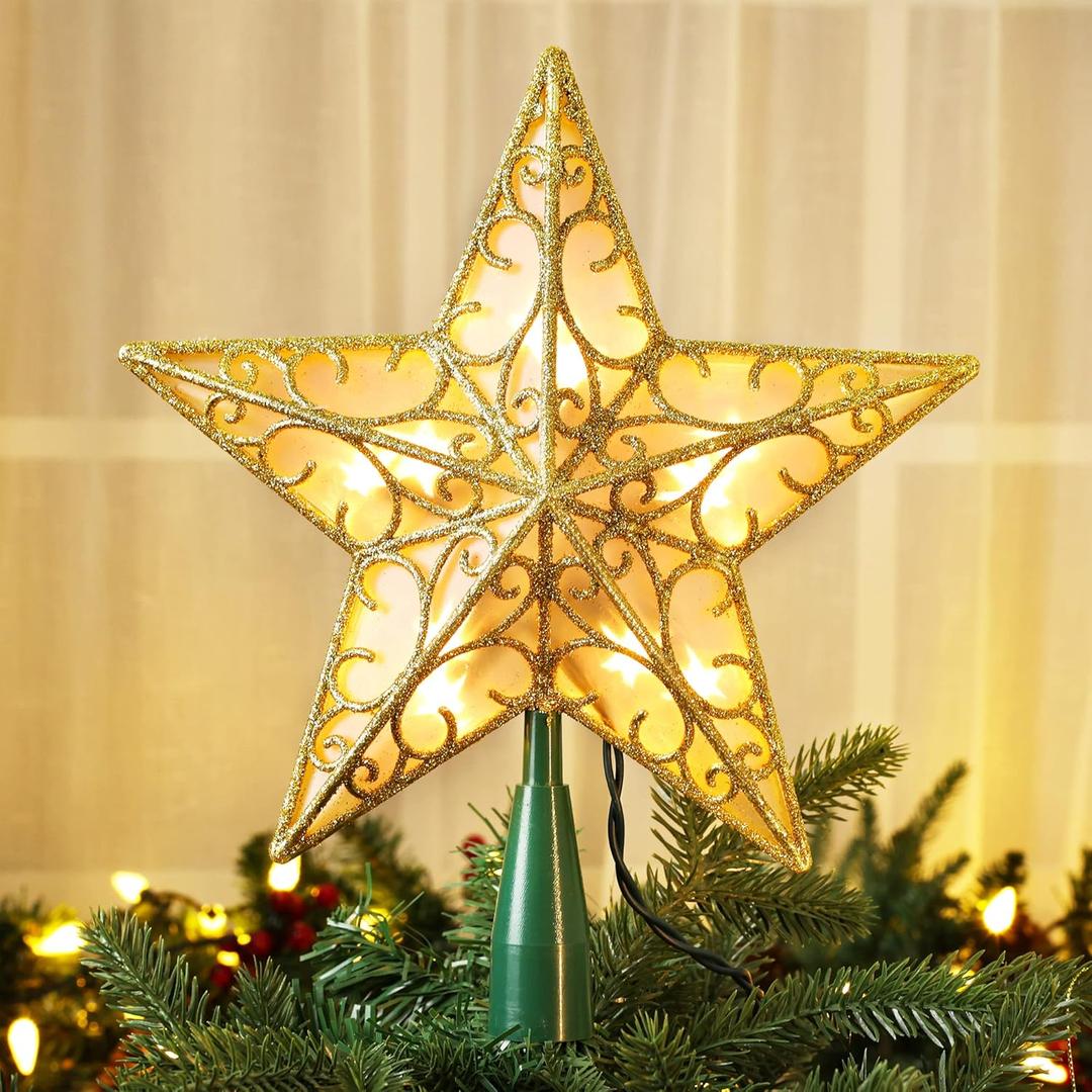 Brizled 9.5 Christmas Star Tree Topper, Gold Dual-side 3D Star Treetop, Glittered Tree Top with 10 Warm White Lights, UL Certified Lighted Xmas Treetop for Holiday Christmas Tree Decor