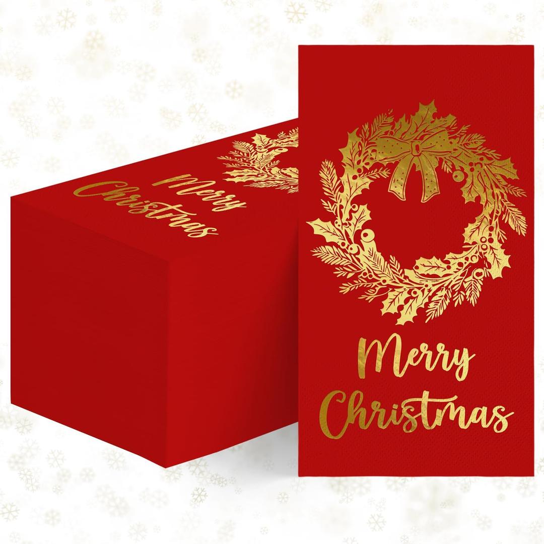 Horaldaily 100 Christmas Disposable Paper Decorative Guest Napkins, Red Gold Foil Christmas Garland Hand Towel for Party Lunch Dinner Kitchen Bathroom