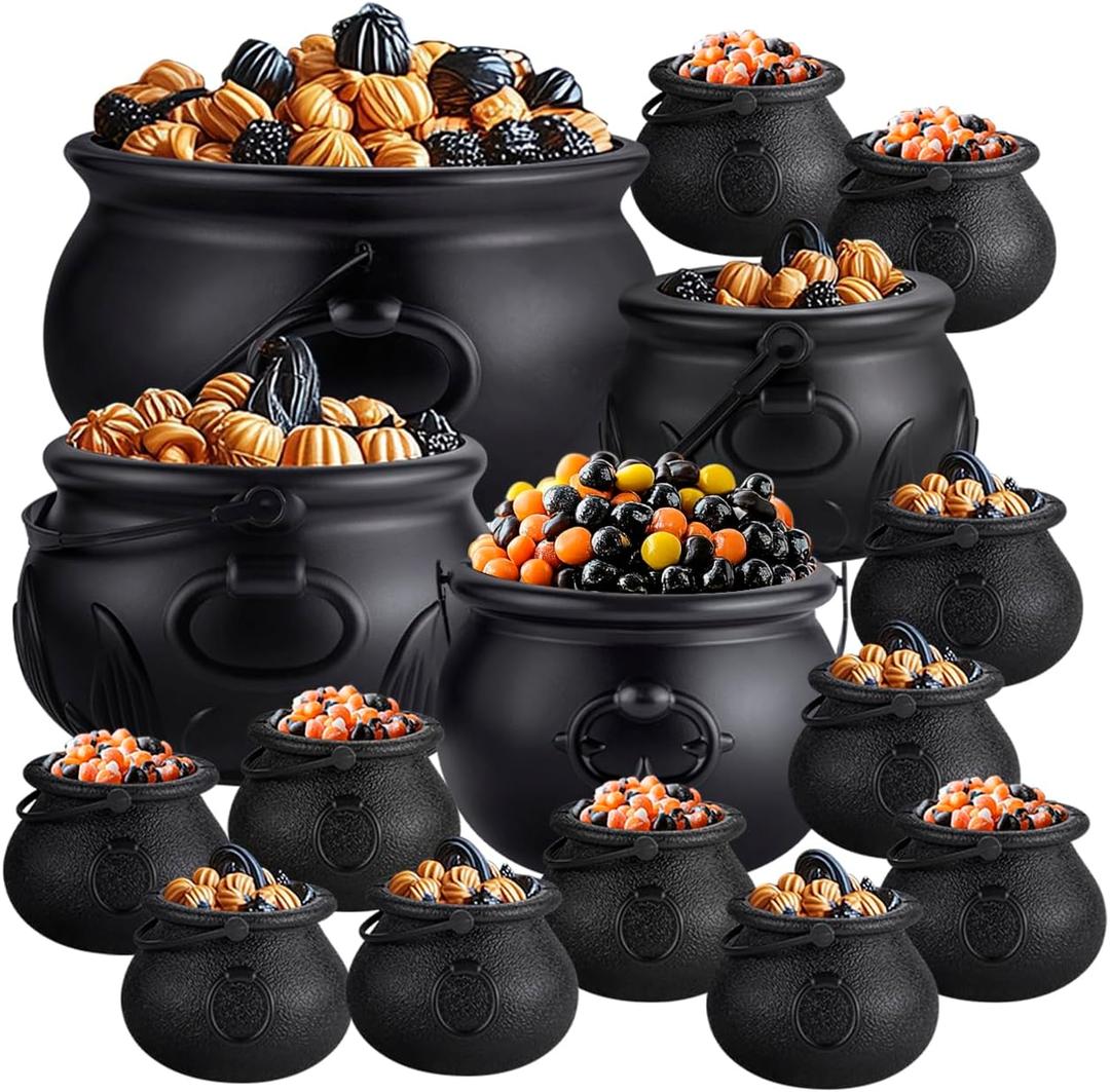 15 in 1 Package (12.8, 9.8, 7.6, 5.7, 2.7) Large Black Plastic Witch Cauldron Kettle - Cauldrons Halloween Pot Candy Holder for Halloween Decor Party Supplies
