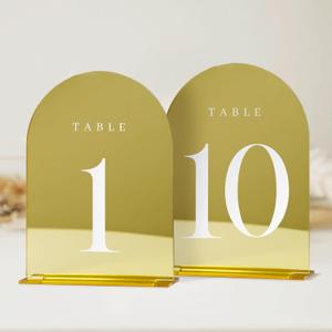 JINMURY Gold Mirror Table Numbers 1-10 with Stands, 10 Pack 5"x7" Gold Acrylic Arch Sign with Stand Gold Mirror Acrylic Arch Table Numbers for Wedding Reception