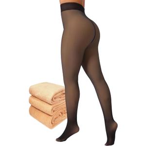 Fleece Lined Tights for Women, Winter Fake Translucent Warm Pantyhose (XX-Large, Black)