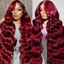 Exquelin Burgundy Wig Human Hair 13x6 HD Transparent Lace Body 99J Red Human Hair Wig Colored Reddish Brown Lace Frontal Wigs 180% Density Pre Plucked 30 inch