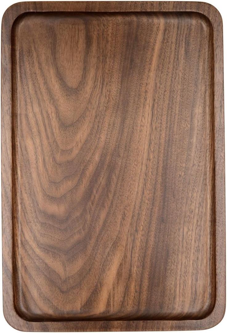 Bamber Wood Serving Tray Wooden Decorative Coffee Tea Platter Whole-piece Black Walnut 13.4 x 9 Inches