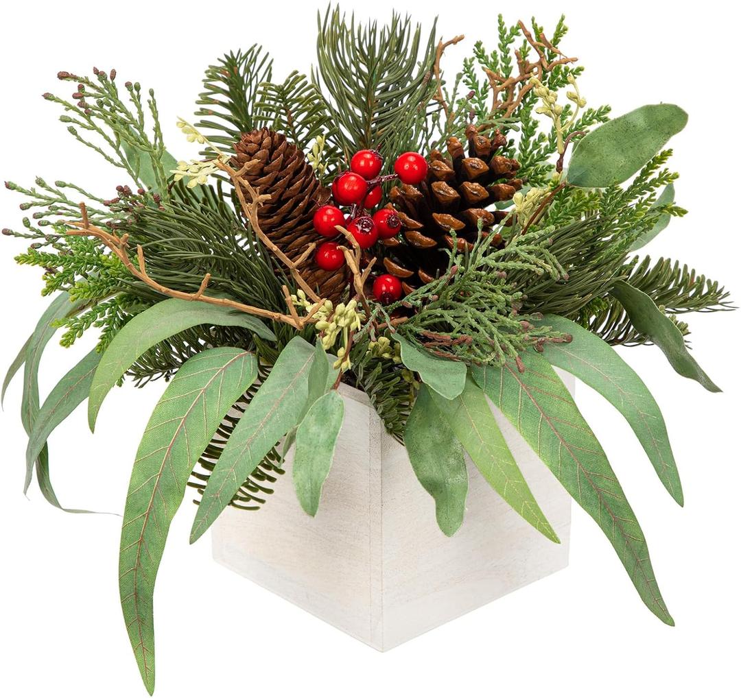 DILATATA Christmas Centerpieces 8 Inch Artificial Christmas Plant in Square Wooden Pot Tabletop Pine Plants with Red Berries Pine Cones Eucalyptus for Winter Holiday Party Fireplace Mantel Xmas Decor (Style 1)