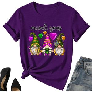 Mardi Gr Gnome Shirt for Women Fat Tuesday Tee Tops New Orleans Party Short Sleeve (Purple, S)