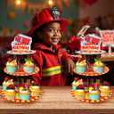 2 Pack Firetruck Cupcake Stand Birthday Party Supplies, Firefighter Cup Cake Tower Stand Red 3 Tier Cardboard Cupcake Stand Display Dessert Holder for Fire Truck Theme Party Decorations Favors