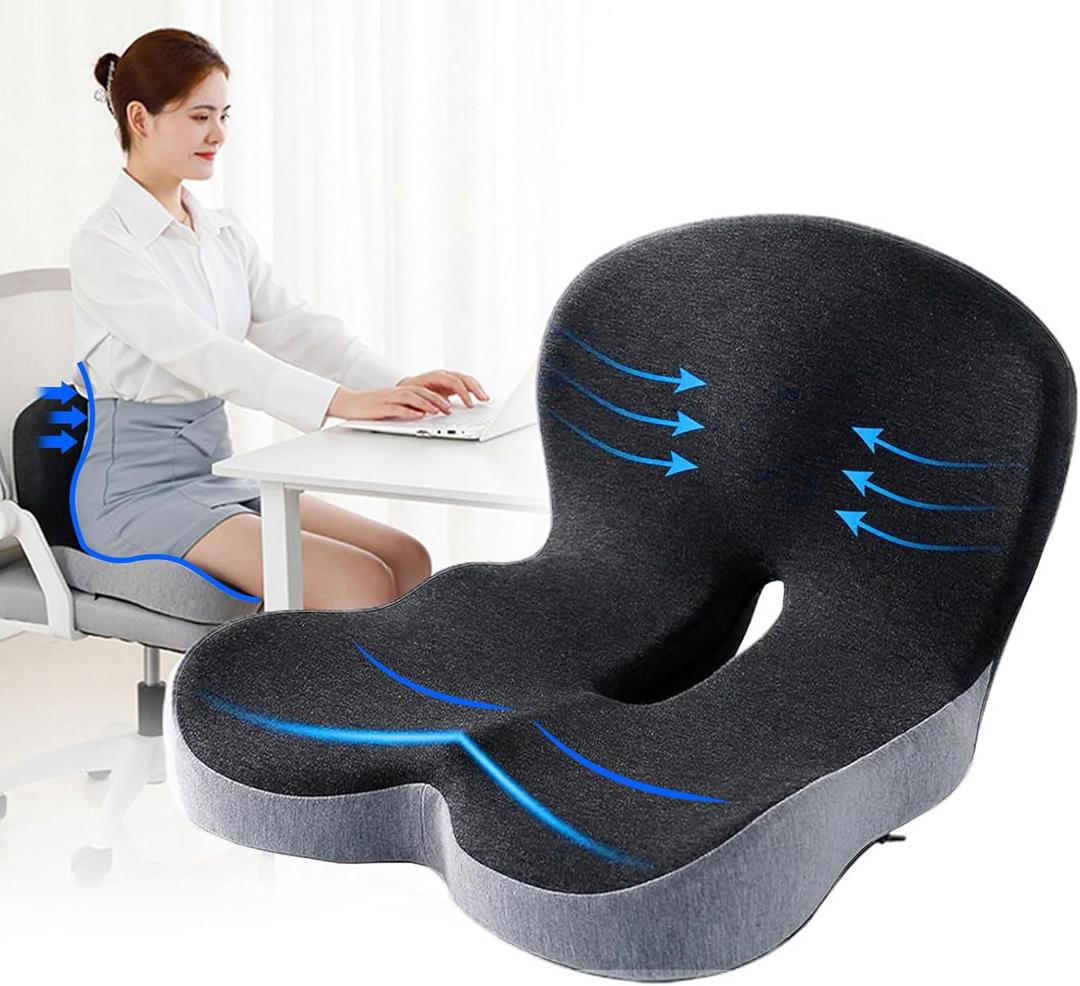 Memory Foam Office Chair Cushion, L-Shaped Integrated Seat Cushions, Chair Seat Cushion for Lower Back Tailbone Protection, Lumbar Support (Black Gray)