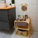 Toddler Bathroom Sink with Bear Mirror, Montessori Kids Wash Station, Wooden Kids Sink with Storage Basket, Hand Washing Station, Self Care Station, Sand Timer & Towel, Practical Life Skills