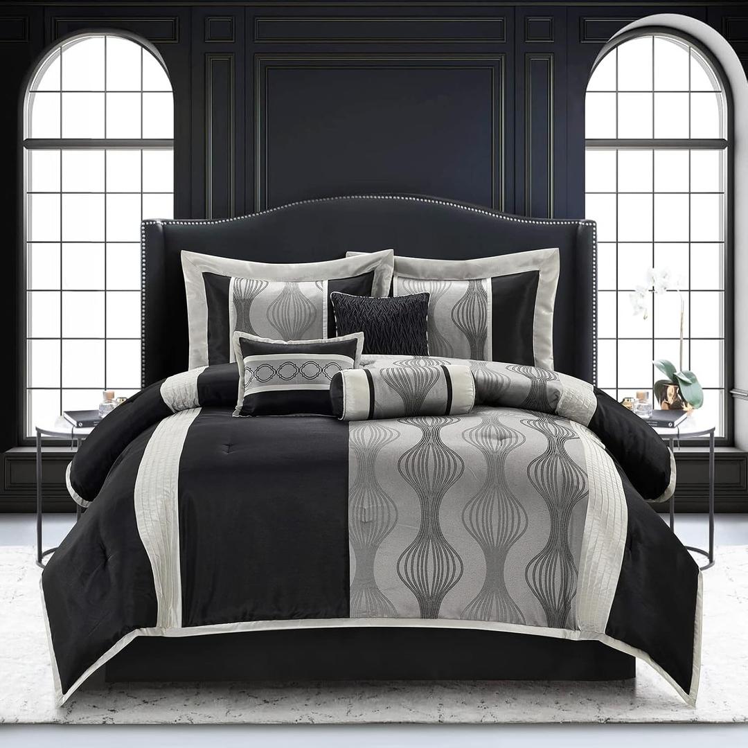Elegant Black and Silver Comforter Set King Size, 7 Pieces Bedding & Collection, Jacquard All Season Comforter & Pillows, Ultra-Soft Microfiber