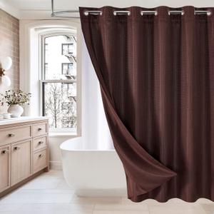 MitoVilla No Hooks Need Brown Waffle Shower Curtain with Snap-in Liner, Modern Waffle Weave Fabric Shower Curtains for Luxury Hotel Grade Spa-Like Bathroom Decor, Dark Brown, 72 x 74