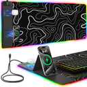 Mouse Pad with Foldable Phone Holder & Wireless Charger, XXL RGB Gaming Mousepad 31.5"x15.8" Large Desk Mat for Keyboard, Black Desk Pad with Dual Qi Charging Station | 11 Colors 5 Modes | Waterproof (Touch Control-XXL Black+Topographic Print)
