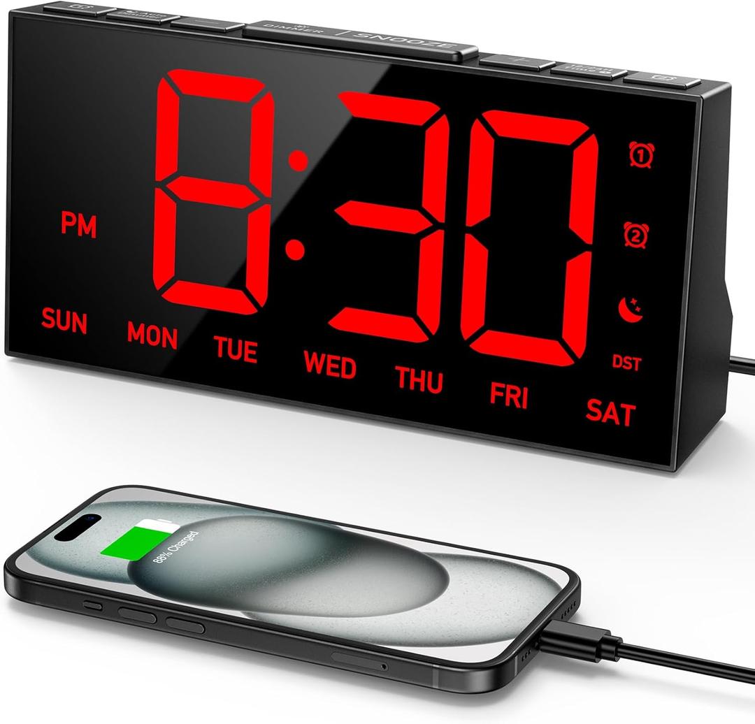 GOLOZA Digital Alarm Clocks for Bedrooms, Digital Clock with 4 Level Brightness +Off, Dual Customizable Alarms, USB Port, Power-Off Memory, Snooze, DST, 12/24H, Desk Clock for Kids Adults Elderly (Manual Time Sync, Red)