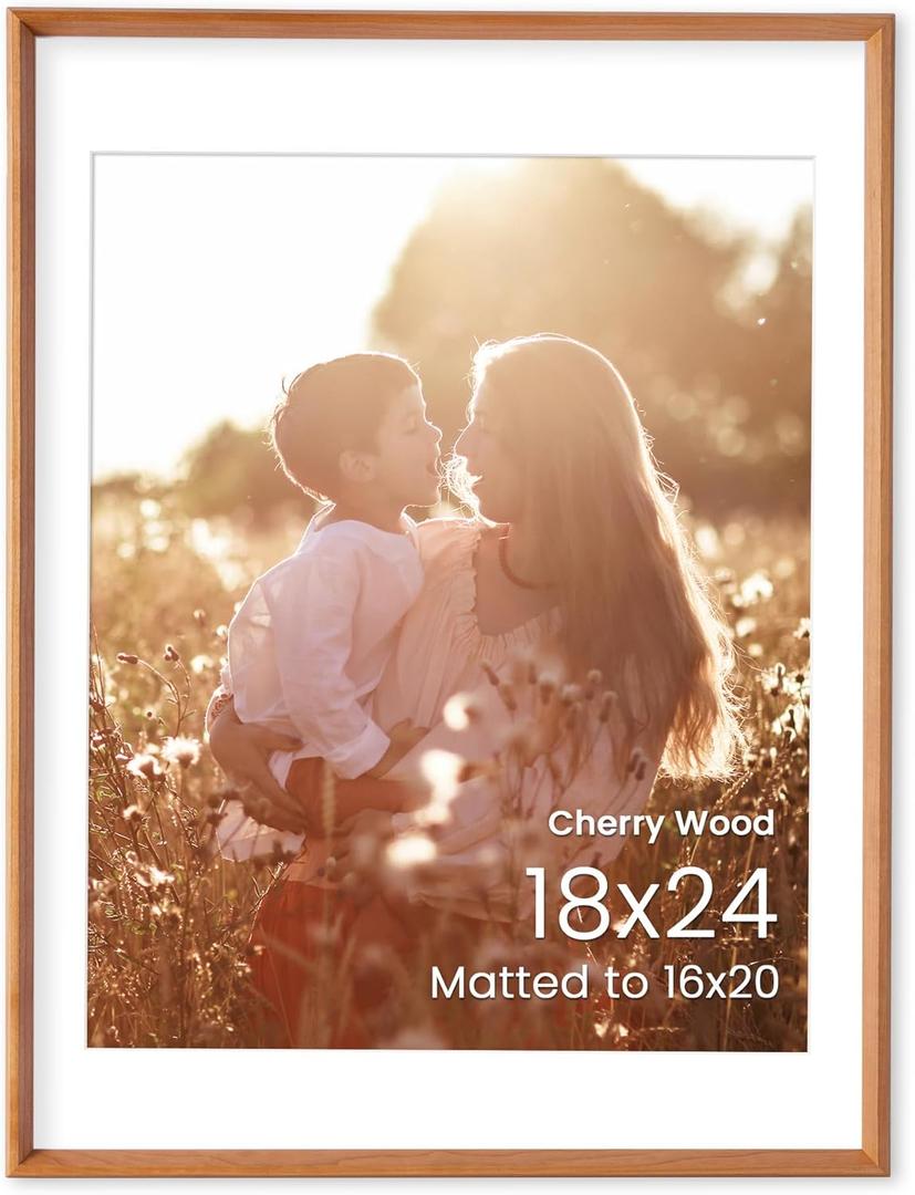 18x24 Picture Frame, Solid Cherry Wood 18x24 Frame with mat for 16x20, Real HD Tempered Glass, for Wall Display, Wall Hook Included, Set of 1