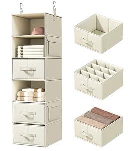 Vailando 6-Shelf Hanging Closet Organizer with 3 Drawers, 6-Shelf Inseparable Closet Organizers and Storage for Wardrobe Organization, Hanging Dresser for Nursury & Dorm Clothes Organizer, Beige