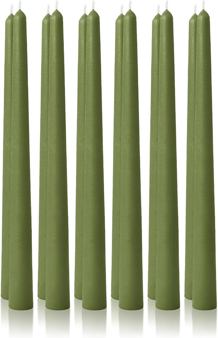 12pk 10" Classic Taper Candles, Moss Green, 7-8 Hours Long Burning, Unscented Tall Candlesticks