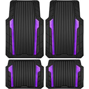 CAR PASS Heavy Duty Rubber Car Mats Metallic,Aluminum Film All Weather Floor Mats Waterproof Universal Trim to Fit SUVs Sedans Vans 4 Piece Anodized Deep Dish Two-Tone Sporty Black Purple Chrome