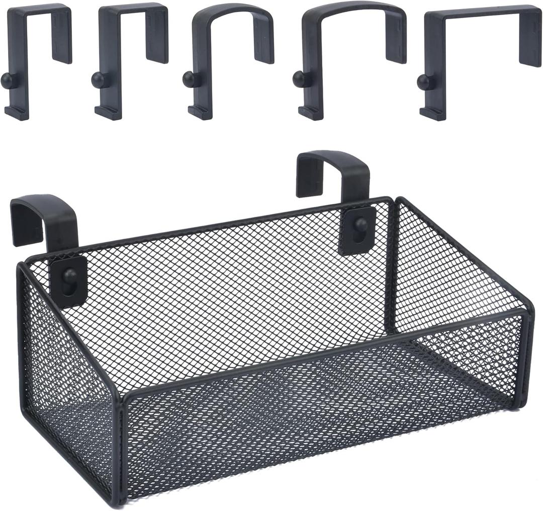 Hanging Floating Shelves - Metal Mesh Cubicle Storage Organizer with 5 Plastic Hangers (Black)