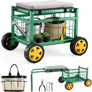 Saker Rolling Garden Cart with Seat & Wheels - 15.7'' EVA Padded Rolling Stool, 500 lb Steel Frame, Large Storage Basket - Garden Wagon Workseat for Patio Lawn Yard (Luxury Version)