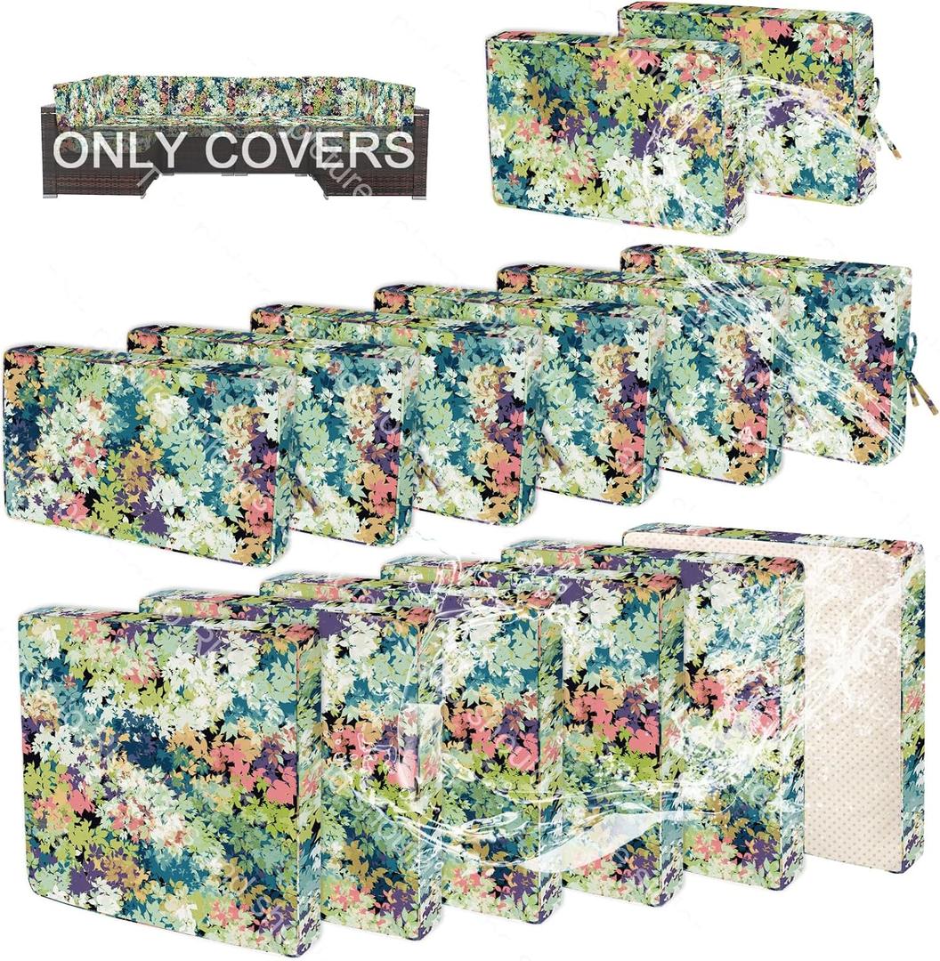 14 PCs Patio Cushion Covers, Furniture Cushion Slipcovers, 23.6"x23.6"x3.5" | Outdoor Cushion Slipcovers, Water Resistant Fabric, Zipper Design, Fits Patio Sectional Furniture, Colorful Leaves