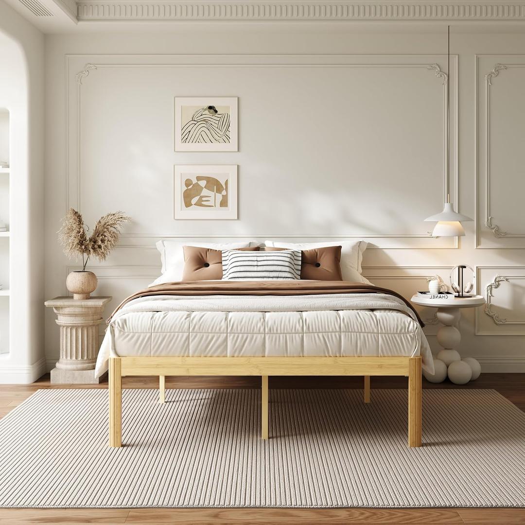 ZIYOO 18 Inch Queen Size Bamboo Platform Bed Frame, Modern Minimalist Design, Heavy Duty Support, Easy Assembly, No Box Spring Needed, Natural Finish
