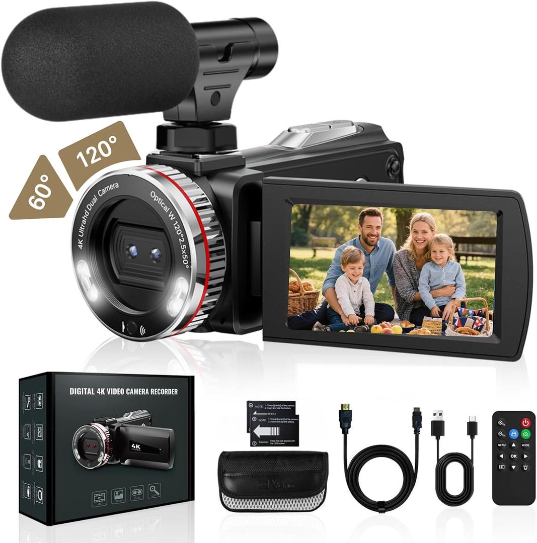 4K 60FPS Video Camera Camcorder with HDMI Cable, 48MP Vlogging Camera for YouTube, 21X Zoom Dual Lens Camera Recorder, Rotatable Screen Video Recorder with Mic, 2 Batteries