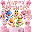 PartyWoo Baby Shark Family Foil Balloons 37pcs Baby Shark Family Pink Round Star Mylar Happy Birthday Letter Balloons for Boys and Girls Under the Sea Kids Birthday Party Decorations