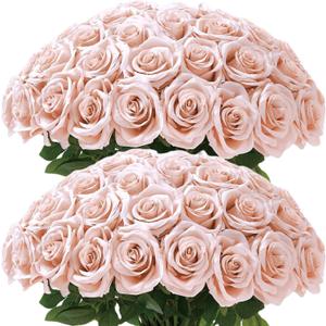 100 Pcs Artificial Roses Bulk Silk Blush Roses Pink Roses for Wedding Centerpieces Bridal Bouquet Mohter's Day Valentine's Day Home Decor Blush
