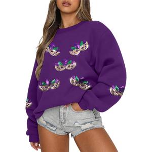 ASTANFY Womens Mardi Gras Sweatshirt Carnival Sequin Purple Sweater Masks Graphic Shirt Crewneck Long Sleeve Tops (Medium)
