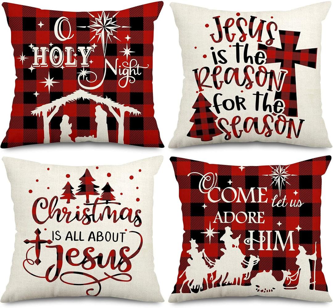 AnyDesign Christmas Pillow Cover 18 x 18 Inch Red Black Buffalo Check Plaids Holy Night Throw Pillow Case Decorative Cushion Cover Case for Farmhouse Home Couch Sofa, Set of 4