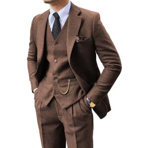 Retro Tweed Men Suits Herringbone Casual 3 Pieces Wedding Party Suit Set Prom Formal Tuxedo Wool Blend Slim Fit Blazer Sets, Brown, M