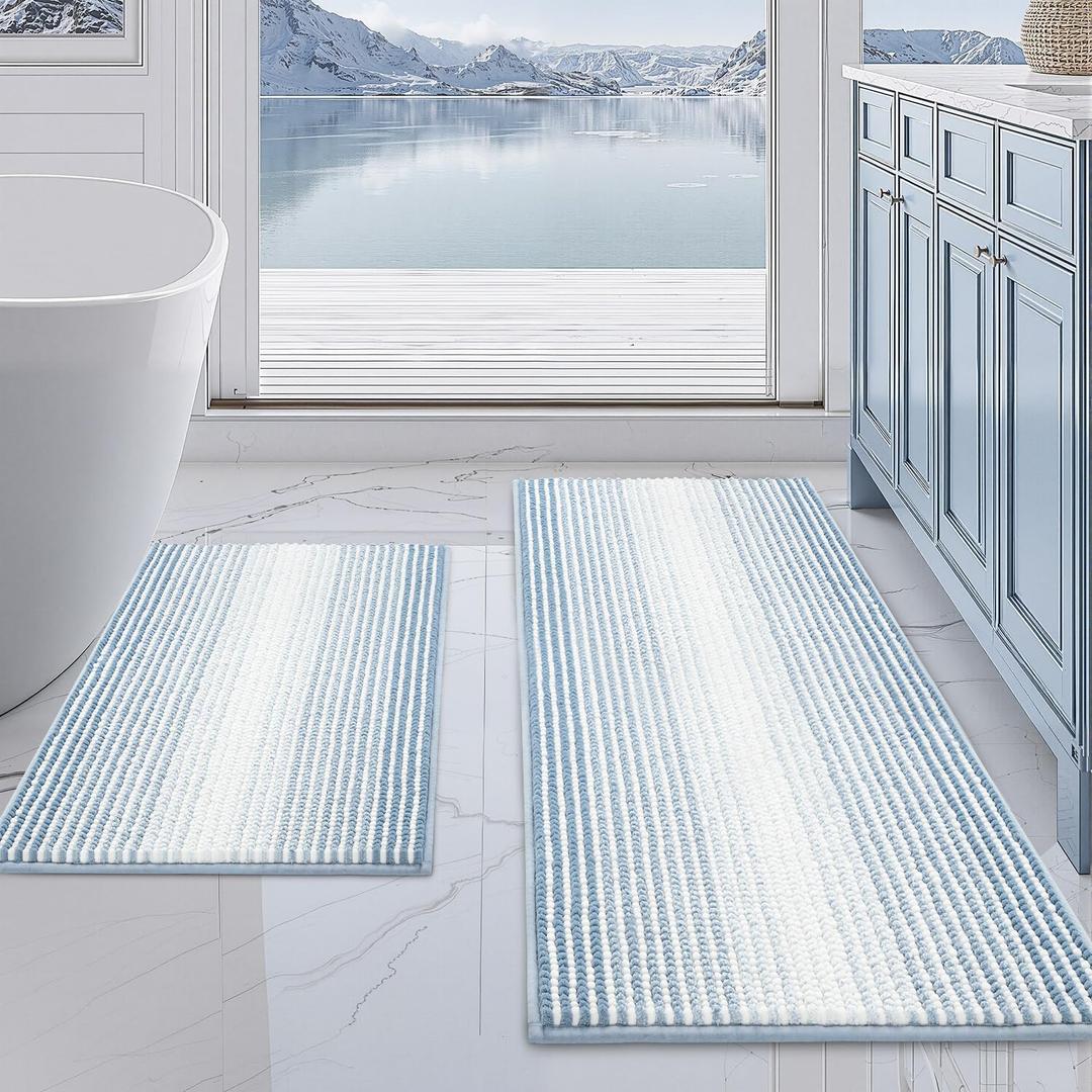 BSICPRO Bathroom Rugs and Mats Sets, 2 Piece Thick Absorbent Chenille Bath Mat Rug Set Non Slip, Soft Shaggy Bath Room Floor Mats for Bathroom, Machine Washable (20" x 47" Plus 16" x 24",Ice Blue)