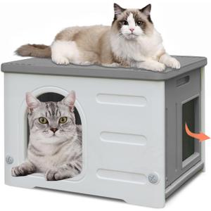 Deblue Plastic Cat House for Indoor & Outdoor, Waterproof Feral Cat House with Escape Door, Sturdy Pet Shelter for Cats, Puppy, Rabbit, Easy to Assemble and Clean-Grey