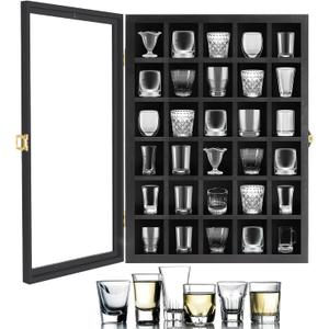 Shot Glass Display Case, 30 Shot Glasses Holder with Acrylic Door and Removable Shelve, Wall-Mounted Shadow Box for Home and Bar Decor, Black