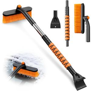33" Snow Brush and ice Scraper for car Windshield, 2 in 1 with 360Rotating Brush Head, Thick PVC Brush, Detachable and Assembled, with Ergonomic Foam Grip for Cars(Heavy Duty ABS, Orange)