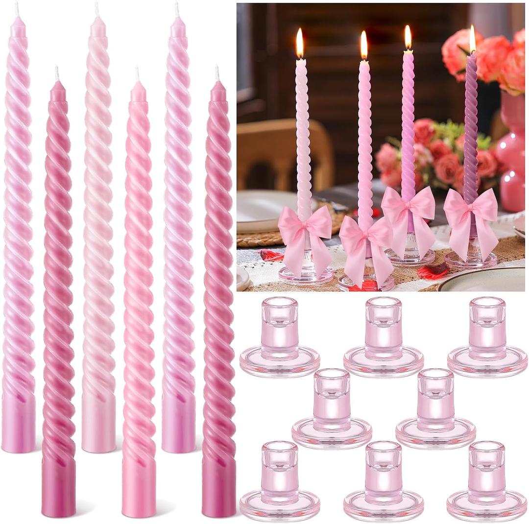 Teenyyou 16 Set 10 Inch Valentine Galentines Pink Spiral Taper Candle Set Including 8 Pcs Coquette Candles Party Supplies and 8 Pcs Coquette Bow Glass Candlestick Holders for Valentines Dinner Wedding