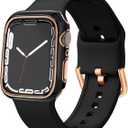 Sport Band and Bumper Case Compatible with Apple Watch 40mm 38mm 41mm 42mm 44mm 45mm 46mm Women, Soft Silicone Straps and Rose Gold Edge Protector Frame for iWatch Series 10 9 8 7 6 5 4 3 2 1 SE (Black)