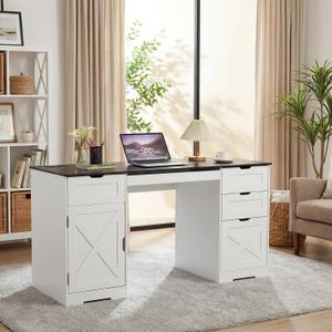 59 Inch Office Desk with 4 Drawers, Farmhouse Home Office Desk with Charging Station & Keyboard Tray, Wooden Computer Desk with Adjustable Shelves for Home Office & Studio, White + Black Tabletop | Keyboard Tray, Adjustable Shelves, 400 Lb Load Capacity, 2 AC Outlets & 2 USB Ports, Overload Protection