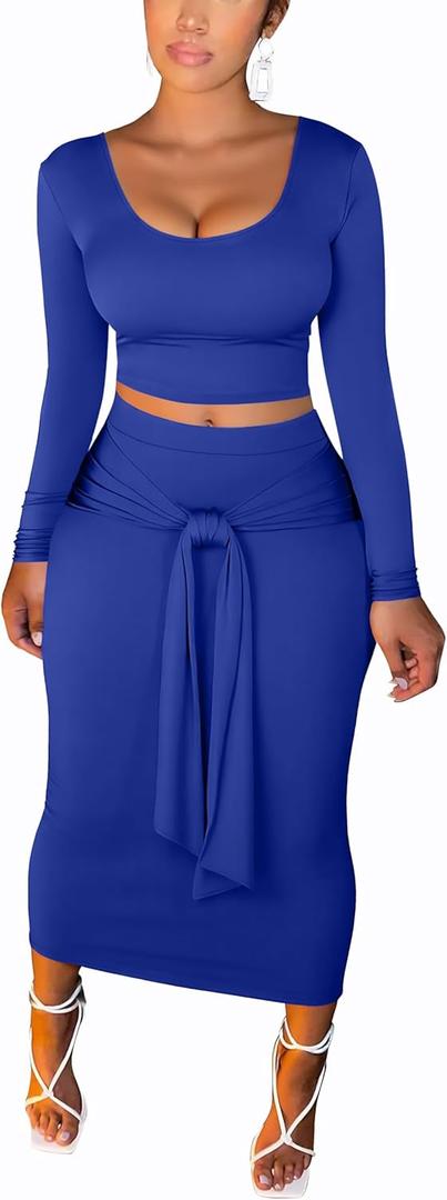 FANDEE Skirt Sets Women 2 Piece Outfits Plus Size Midi Dresses For Curvy Women, Long Sleeves Top & Bodycon Skirts Casual Fall (Medium, Solid Blue)