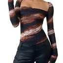 YOINS Women Tie Dye Sexy Mesh Long Sleeve Tops Sheer See Through Square Neck Shirt Brown Tiedye, X-Large