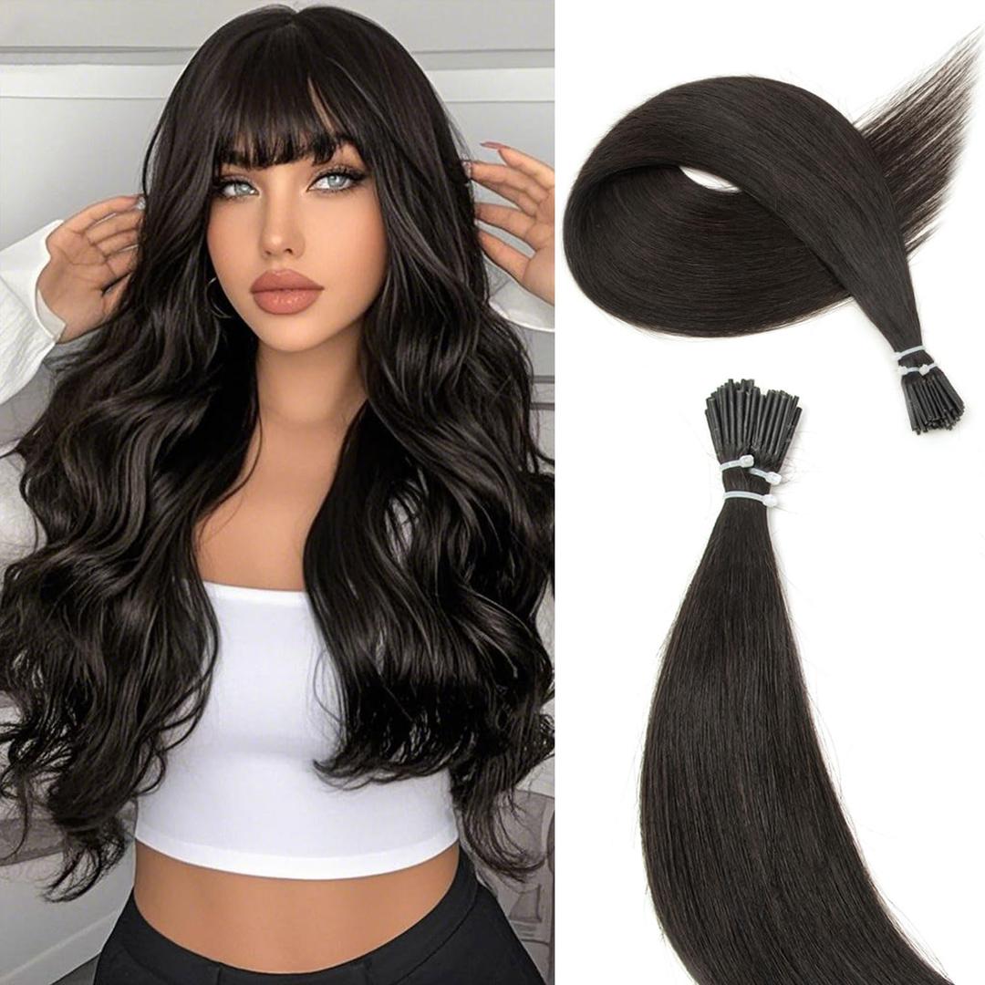 Boymia I Tip Hair Extensions Human Hair 16 Inch #1B Nature Black 50strands Human Hair Comfortable Wear I Tip Human Hair Extensions Long Straight Hair Invisible Silky Straight